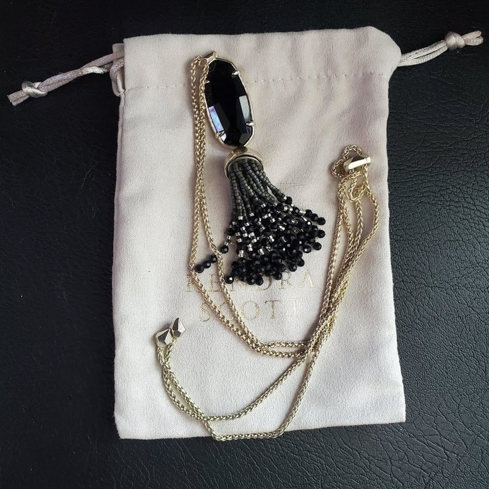 Kendra Scott Eva Gold Long Tassel Necklace Black Opaque Glass Beaded Pendant - Picture 9 of 9